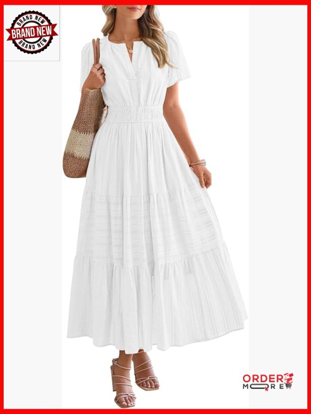 Casual Midi Maxi Dress Short Sleeve V Neck Elastic Waist Boho Beach Dress